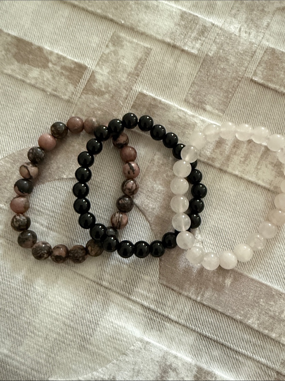 Set of 3 Women's Beaded Stretch Bracelets in Black Onyx, Rhodolite & rose Quartz